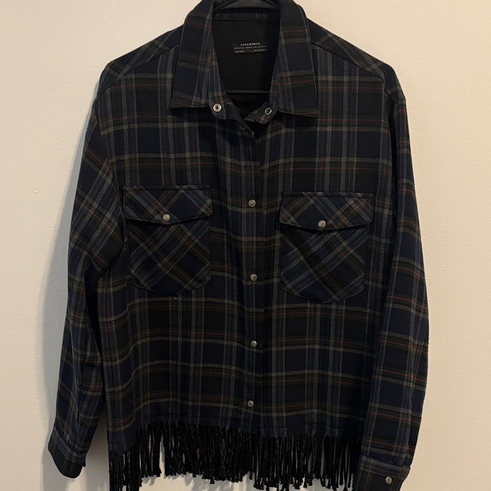 Zara Dark Plaid Fringe Shirt Jacket